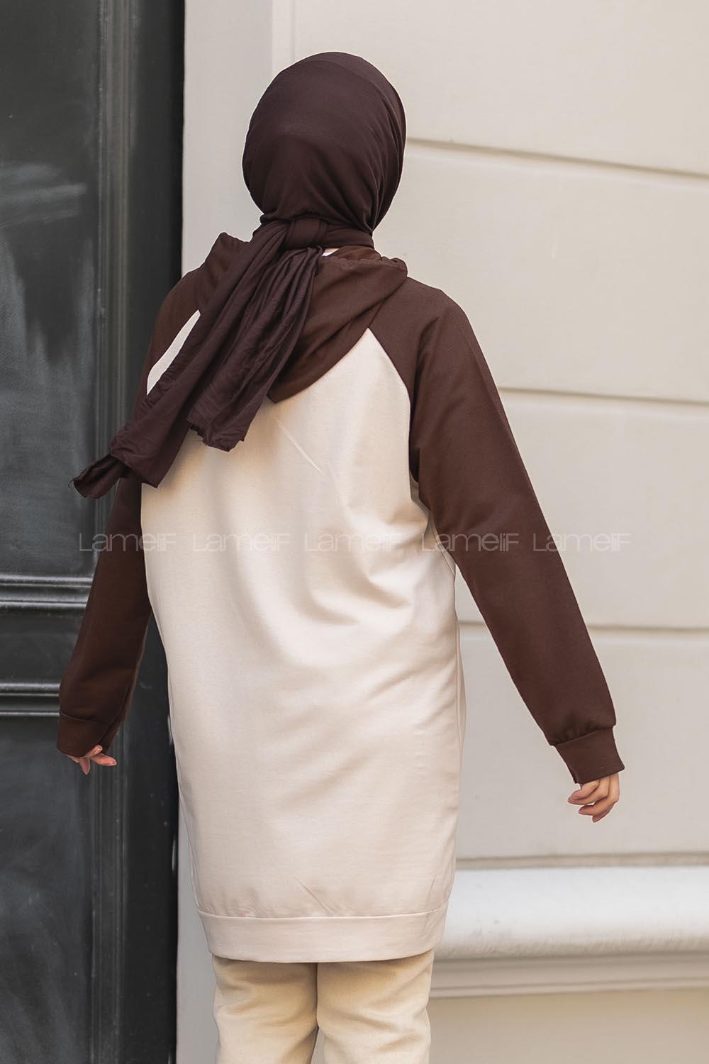 Modalamelif Kapüşonlu Yazı Baskılı Renk Garnili Detaylı Tunik Acıkahve-Krem