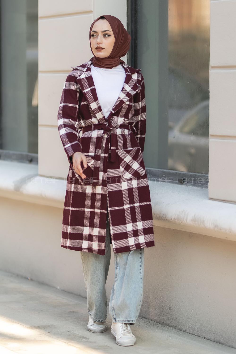 Modalamelif Kare Desenli Kuşaklı Çift Cepli Kaşe Kaban Bordo