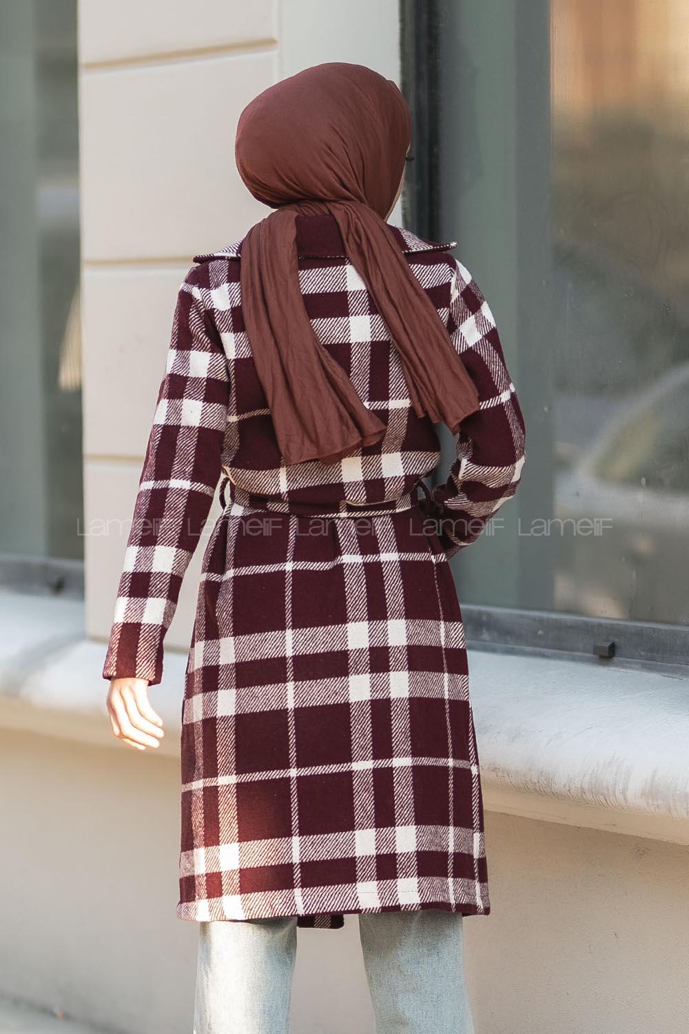 Modalamelif Kare Desenli Kuşaklı Çift Cepli Kaşe Kaban Bordo