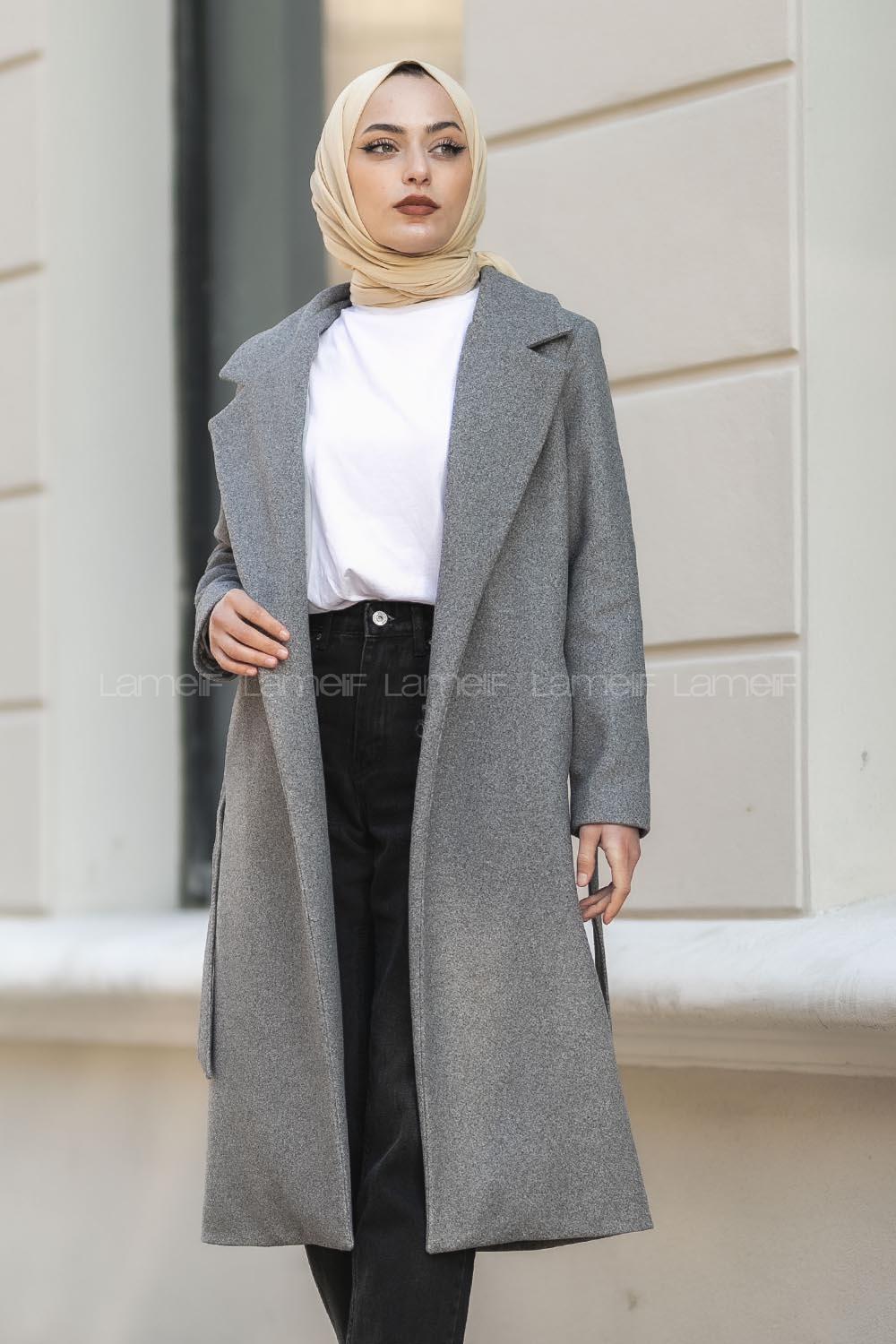 Modalamelif Kuşak Bağlama Detaylı Kaşe Kaban Gri