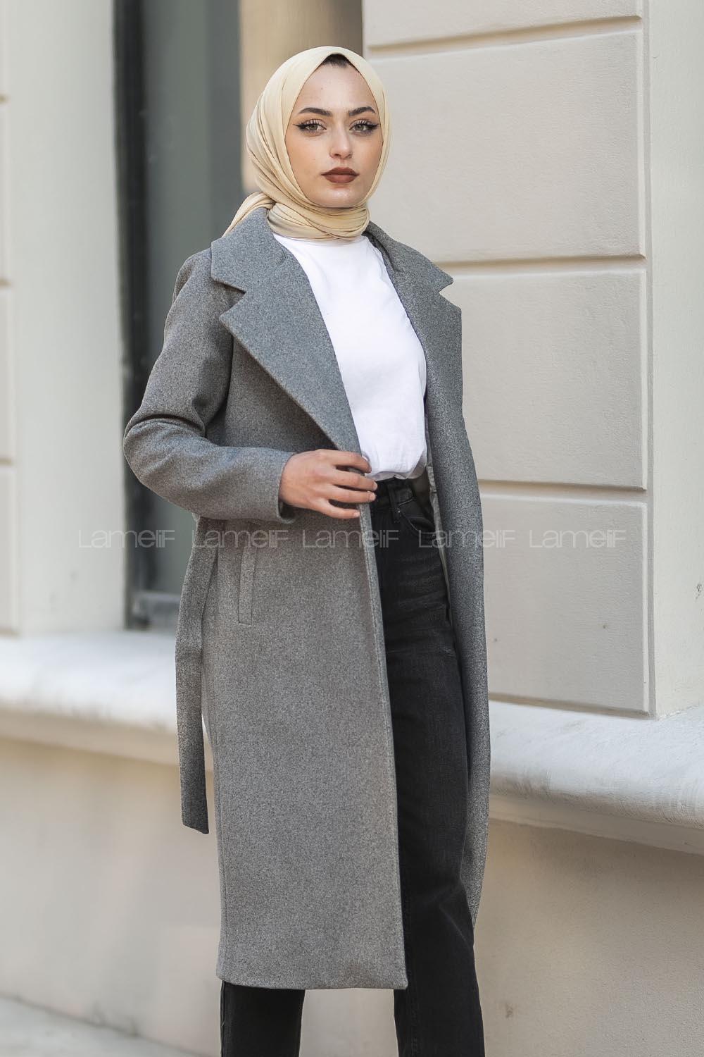 Modalamelif Kuşak Bağlama Detaylı Kaşe Kaban Gri