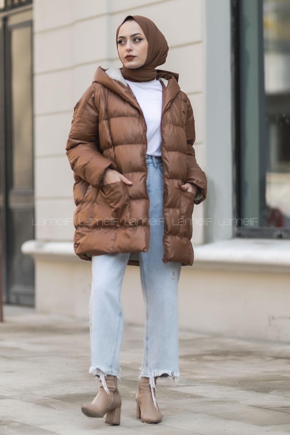 ModalamelifÖnü Fermuarlı Kapşonlu Kısa Oversize Şişme Mont Taba