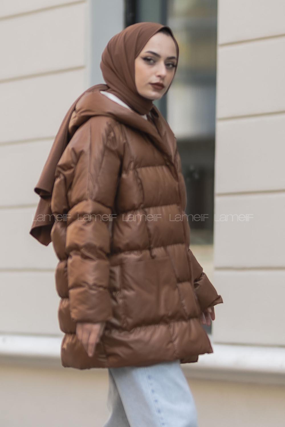 ModalamelifÖnü Fermuarlı Kapşonlu Kısa Oversize Şişme Mont Taba