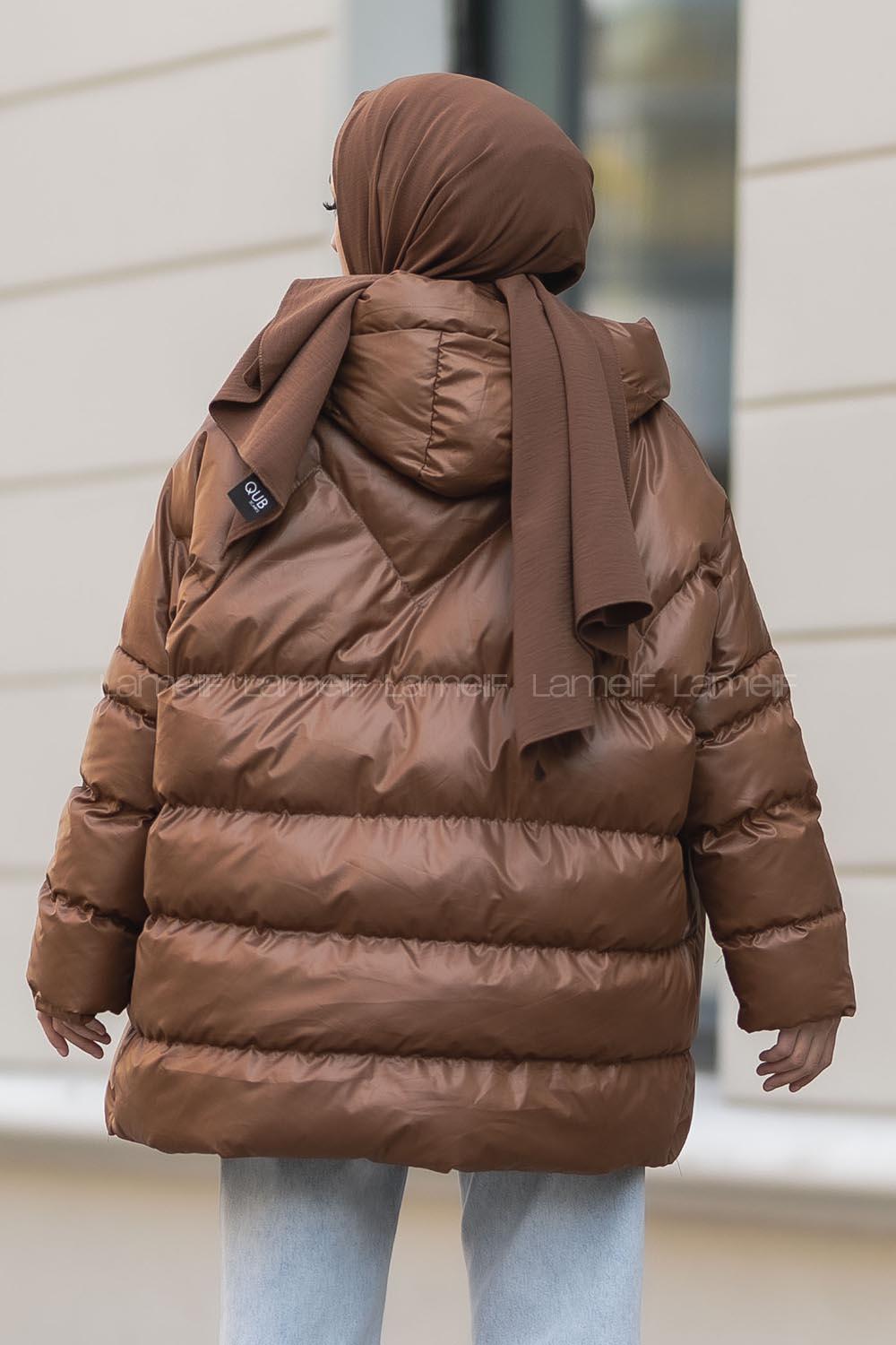 ModalamelifÖnü Fermuarlı Kapşonlu Kısa Oversize Şişme Mont Taba