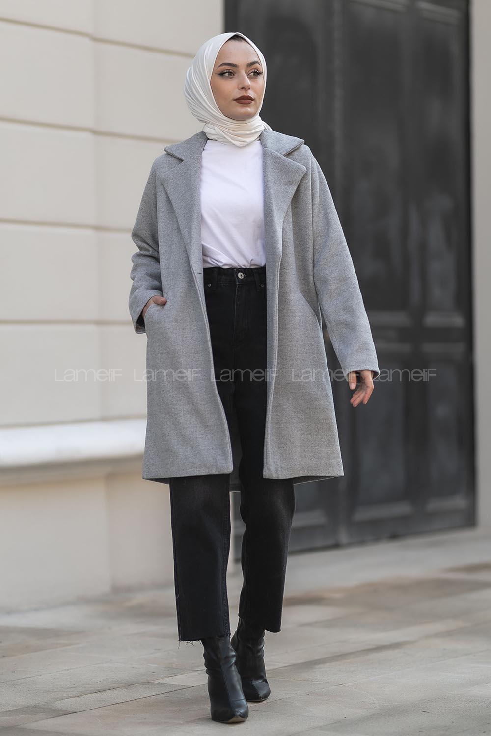 üğme Detaylı Çift Cepli Kaban Gri