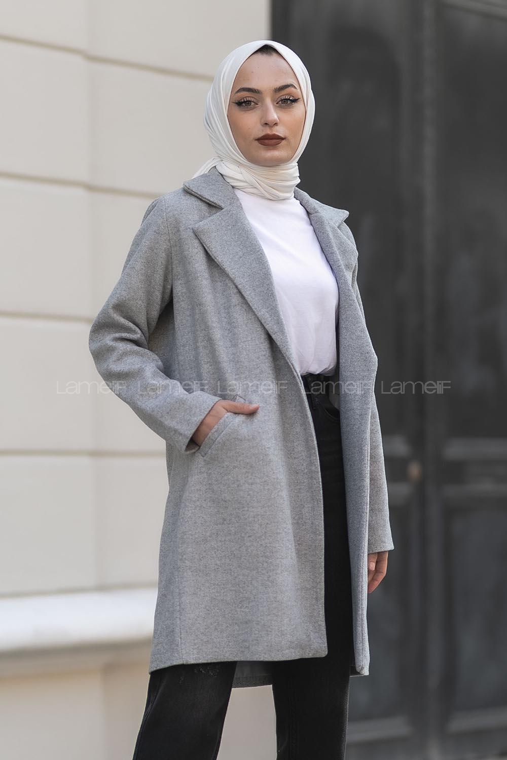 üğme Detaylı Çift Cepli Kaban Gri