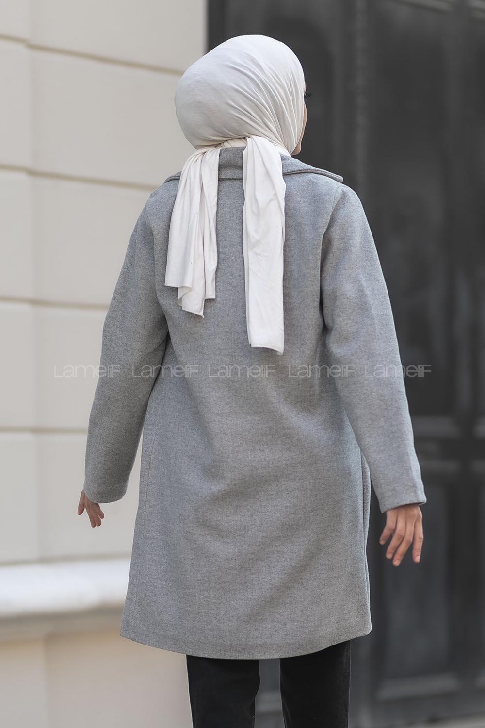 üğme Detaylı Çift Cepli Kaban Gri