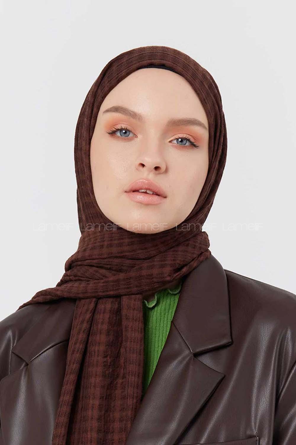 Modalamelif Kraş Pamuk Ekose Desenli Şal Acı Kahve