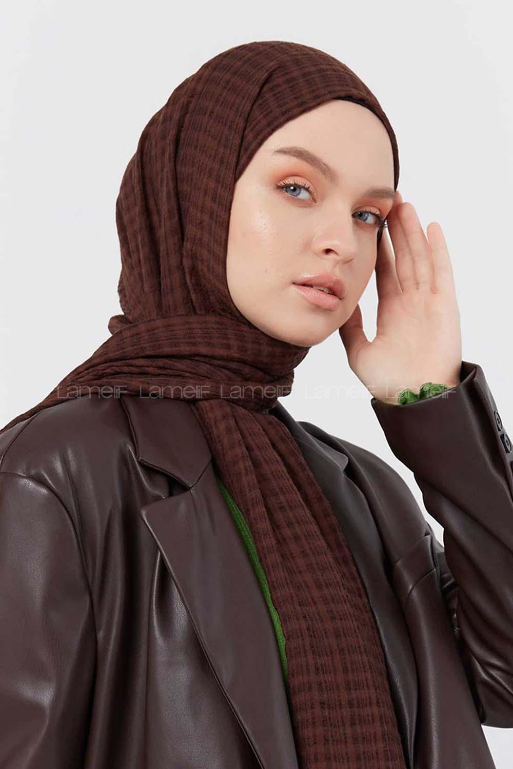 Modalamelif Kraş Pamuk Ekose Desenli Şal Acı Kahve