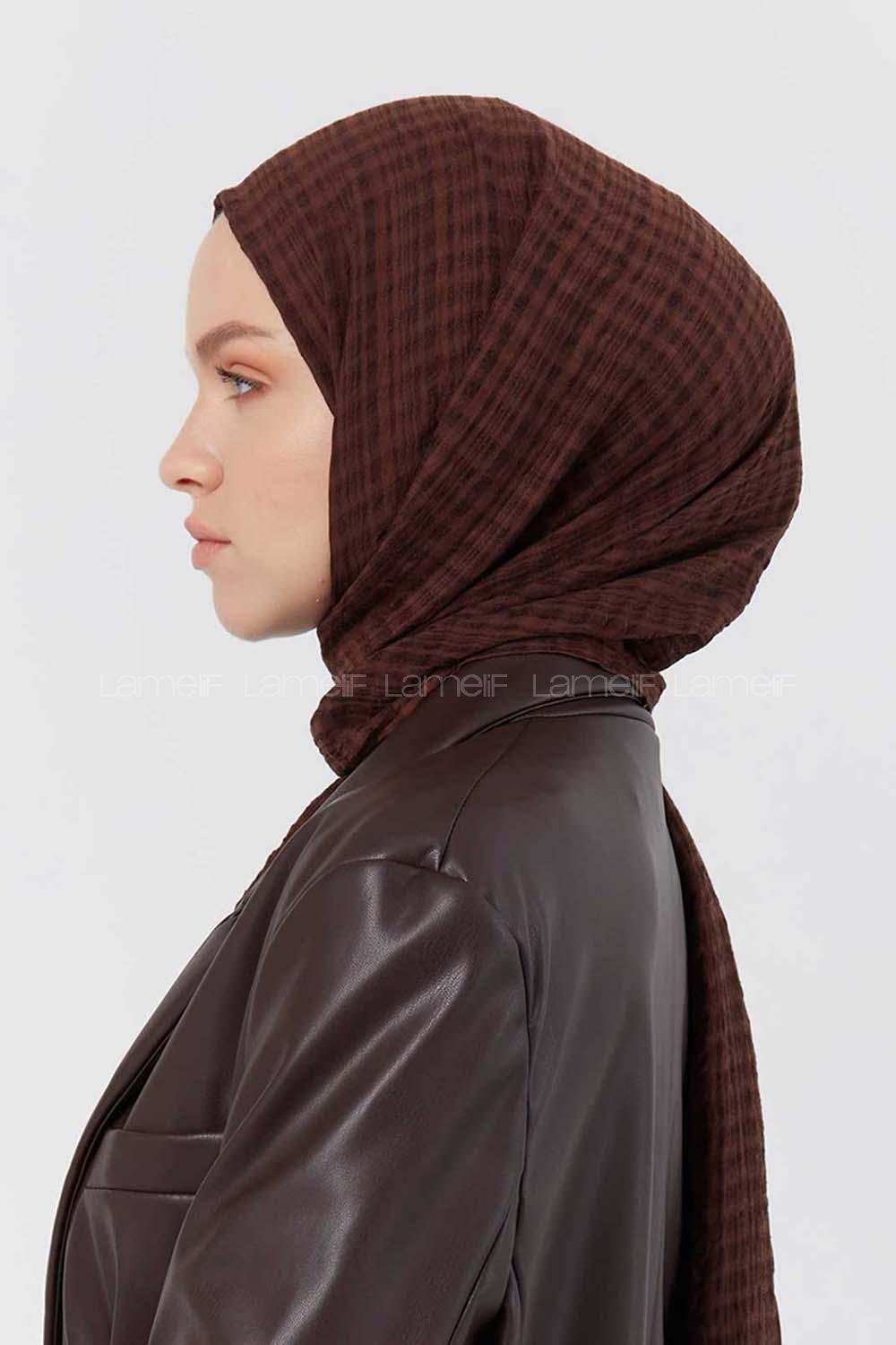 Modalamelif Kraş Pamuk Ekose Desenli Şal Acı Kahve