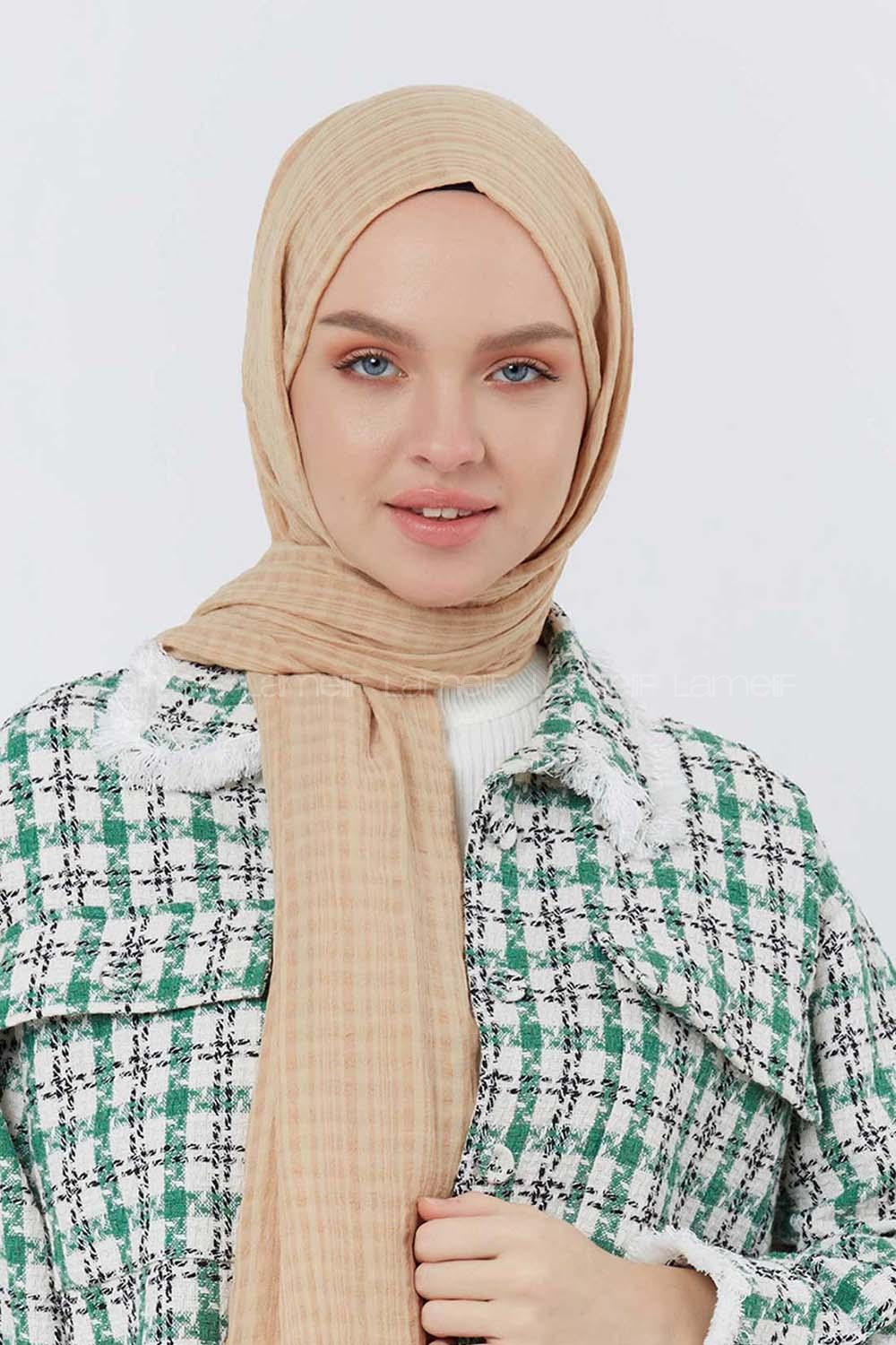 Modalamelif Kraş Pamuk Ekose Desenli Şal Bej