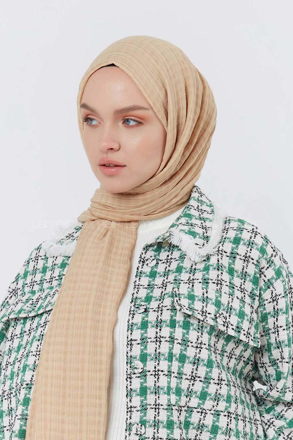 Modalamelif Kraş Pamuk Ekose Desenli Şal Bej