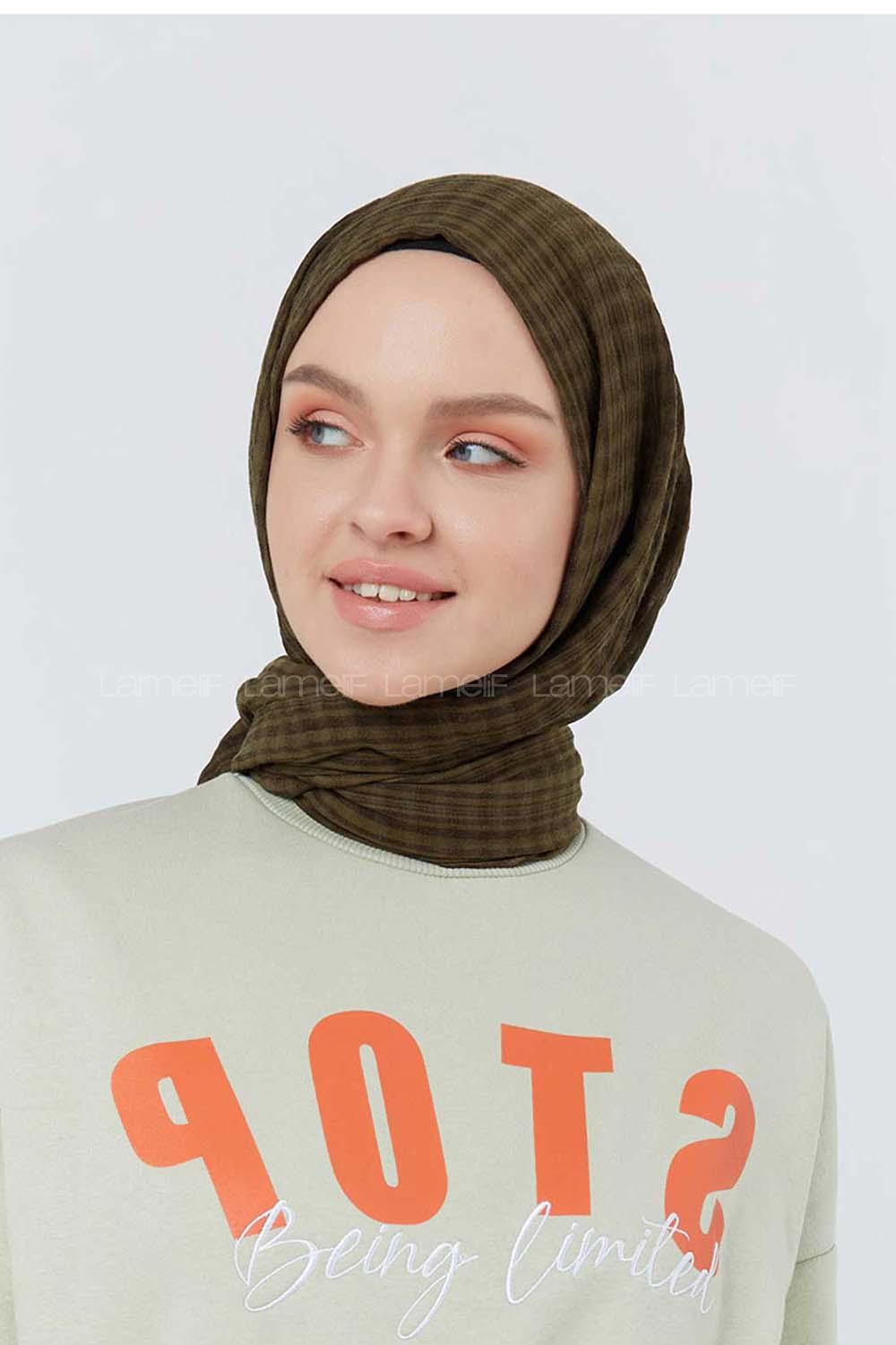 Modalamelif Kraş Pamuk Ekose Desenli Şal Haki Yeşili