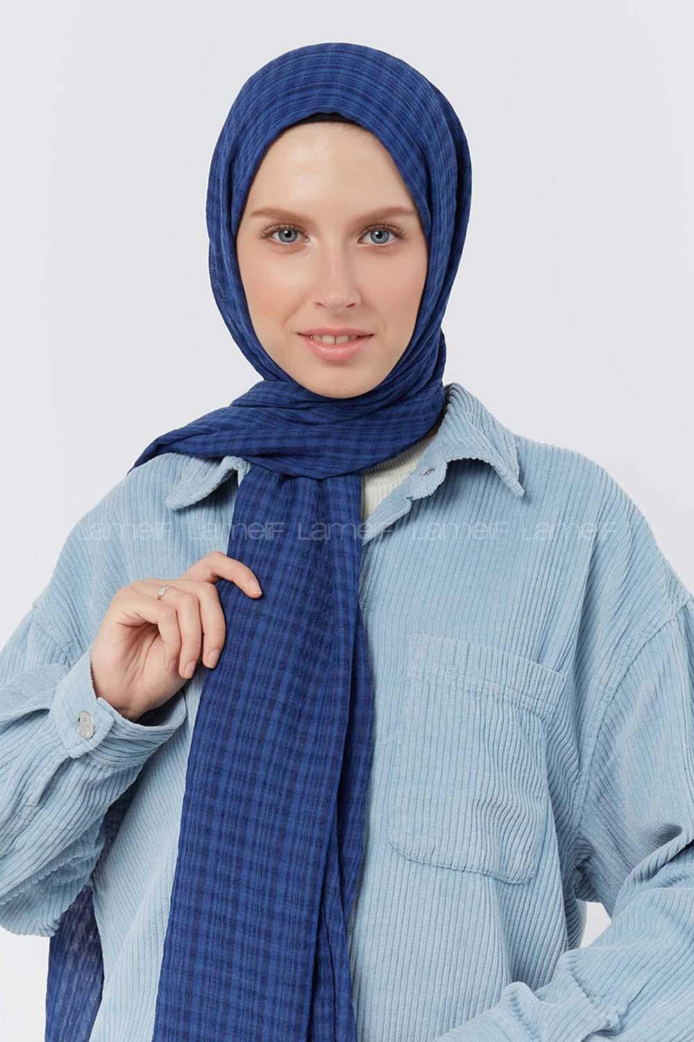 Modalamelif Kraş Pamuk Ekose Desenli Şal İndigo