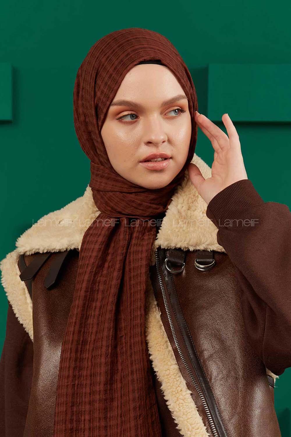 Modalamelif Kraş Pamuk Ekose Desenli Şal Kahverengi