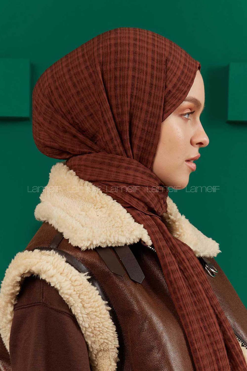 Modalamelif Kraş Pamuk Ekose Desenli Şal Kahverengi