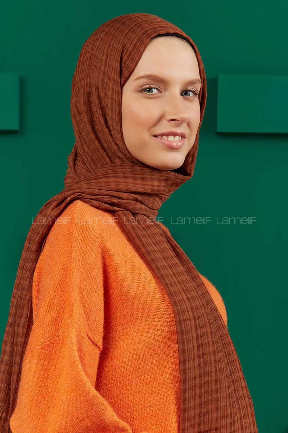 Modalamelif Kraş Pamuk Ekose Desenli Şal Karamel