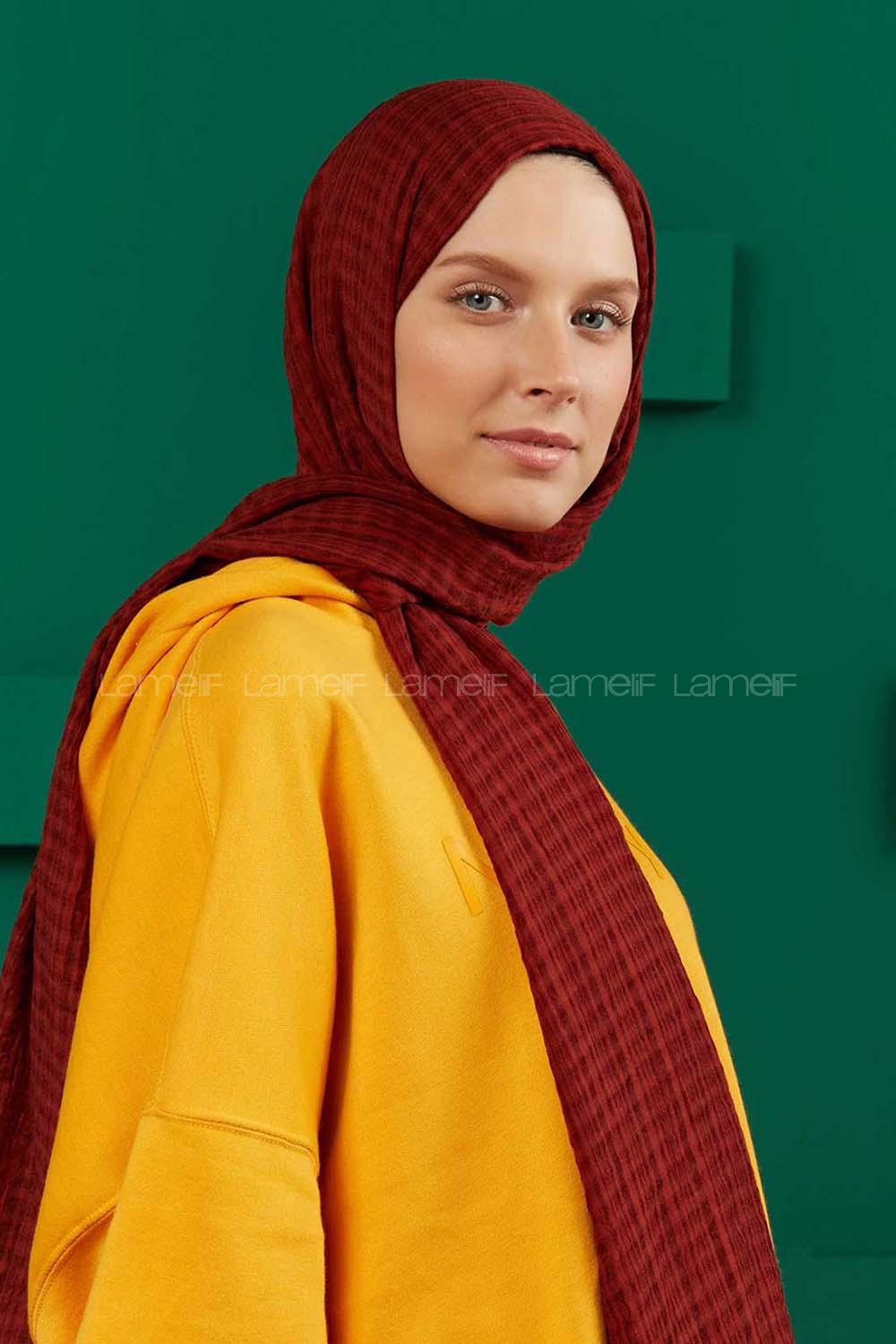 Modalamelif Kraş Pamuk Ekose Desenli Şal Kızıl