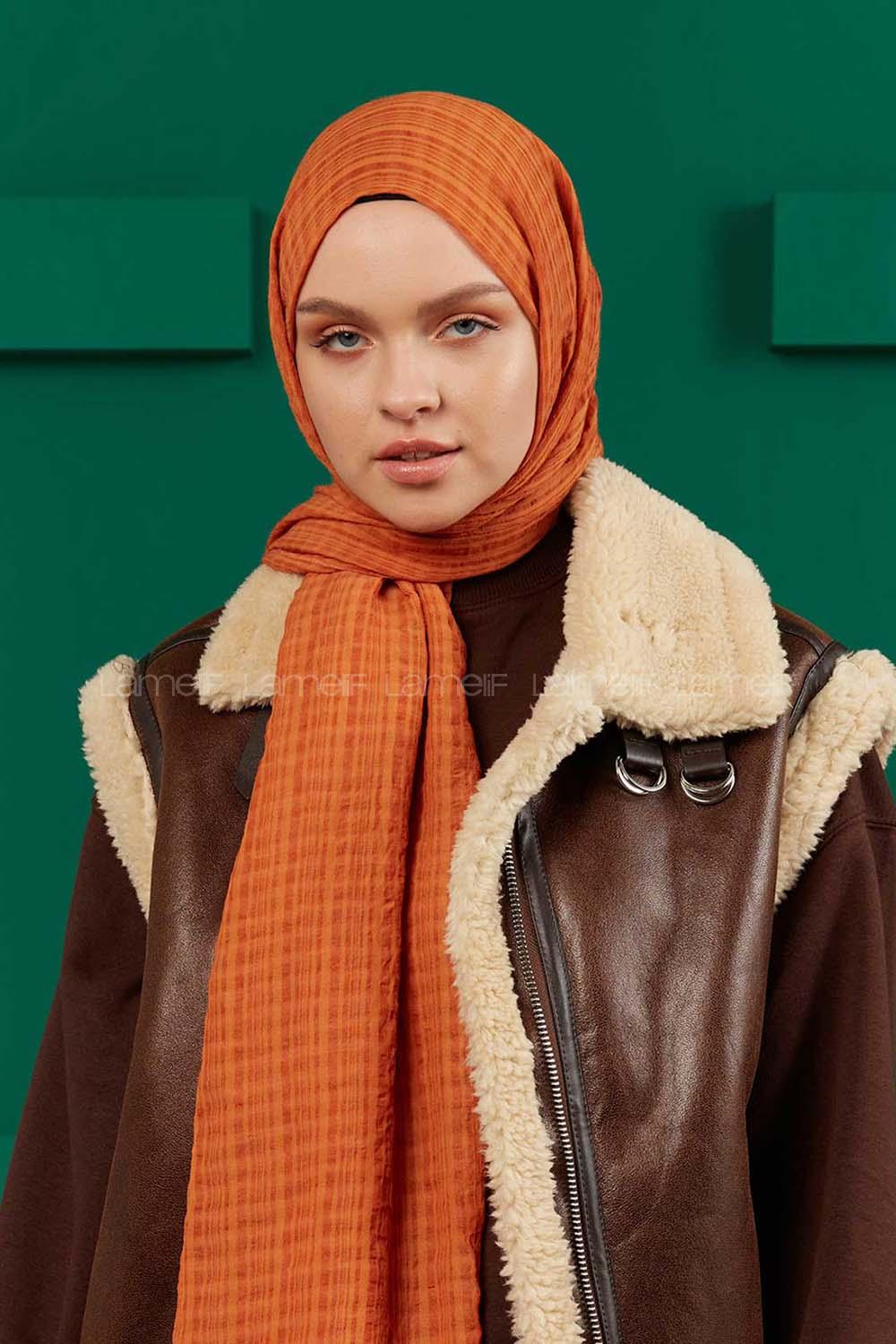 Modalamelif Kraş Pamuk Ekose Desenli Şal Turuncu