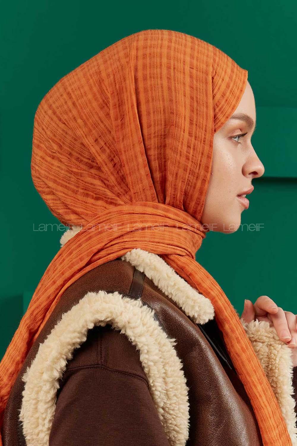 Modalamelif Kraş Pamuk Ekose Desenli Şal Turuncu