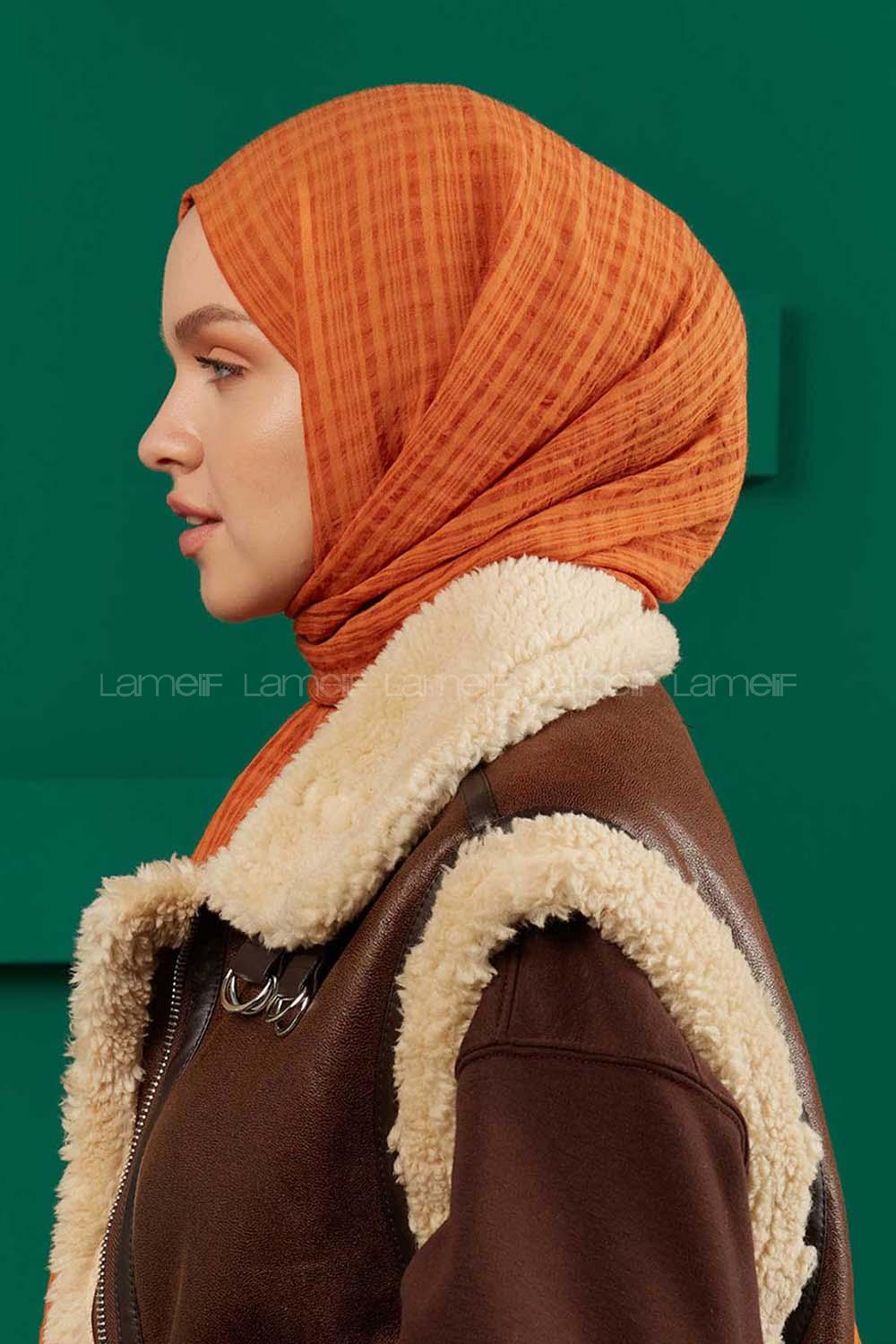 Modalamelif Kraş Pamuk Ekose Desenli Şal Turuncu