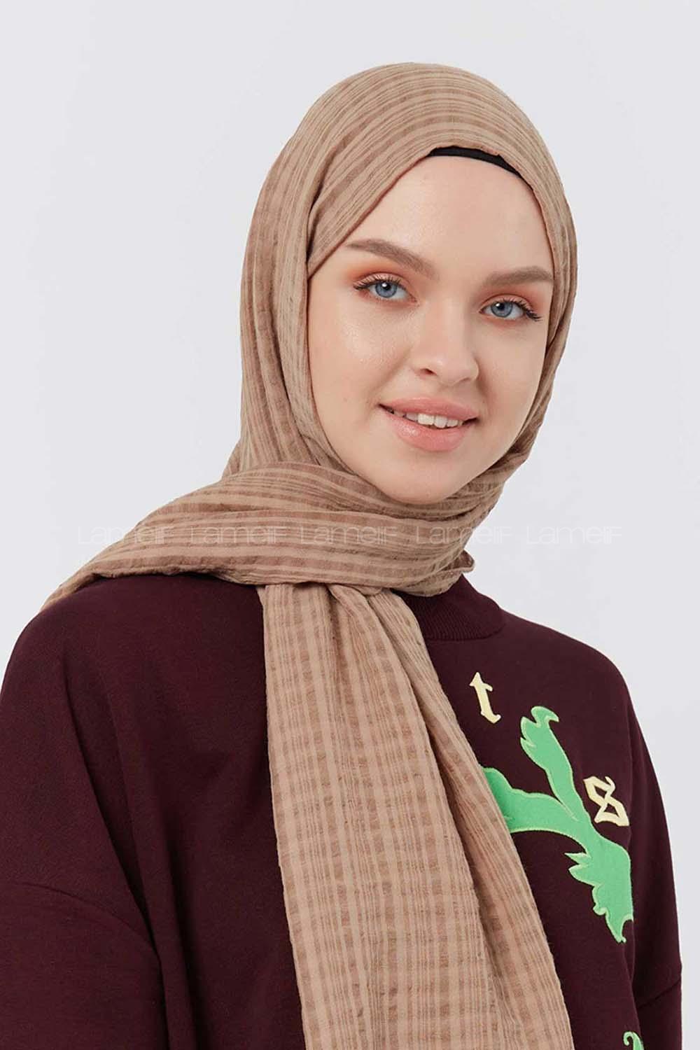 Modalamelif Kraş Pamuk Ekose Desenli Şal Vizon