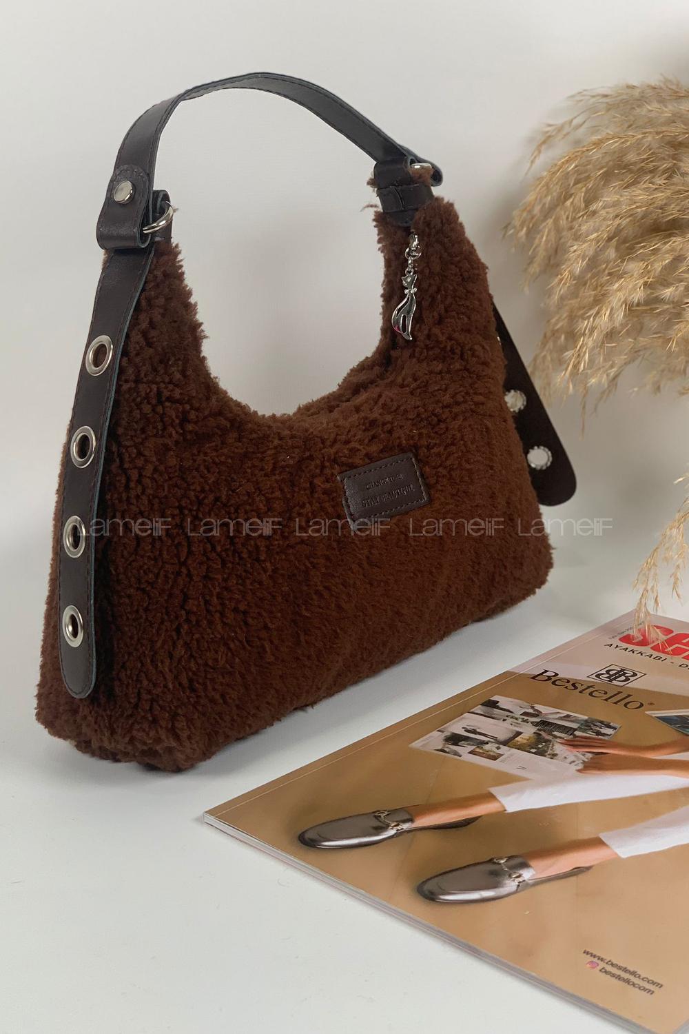 Modalamelif Tek Gözlü Molly Peluş Çanta Acı Kahve