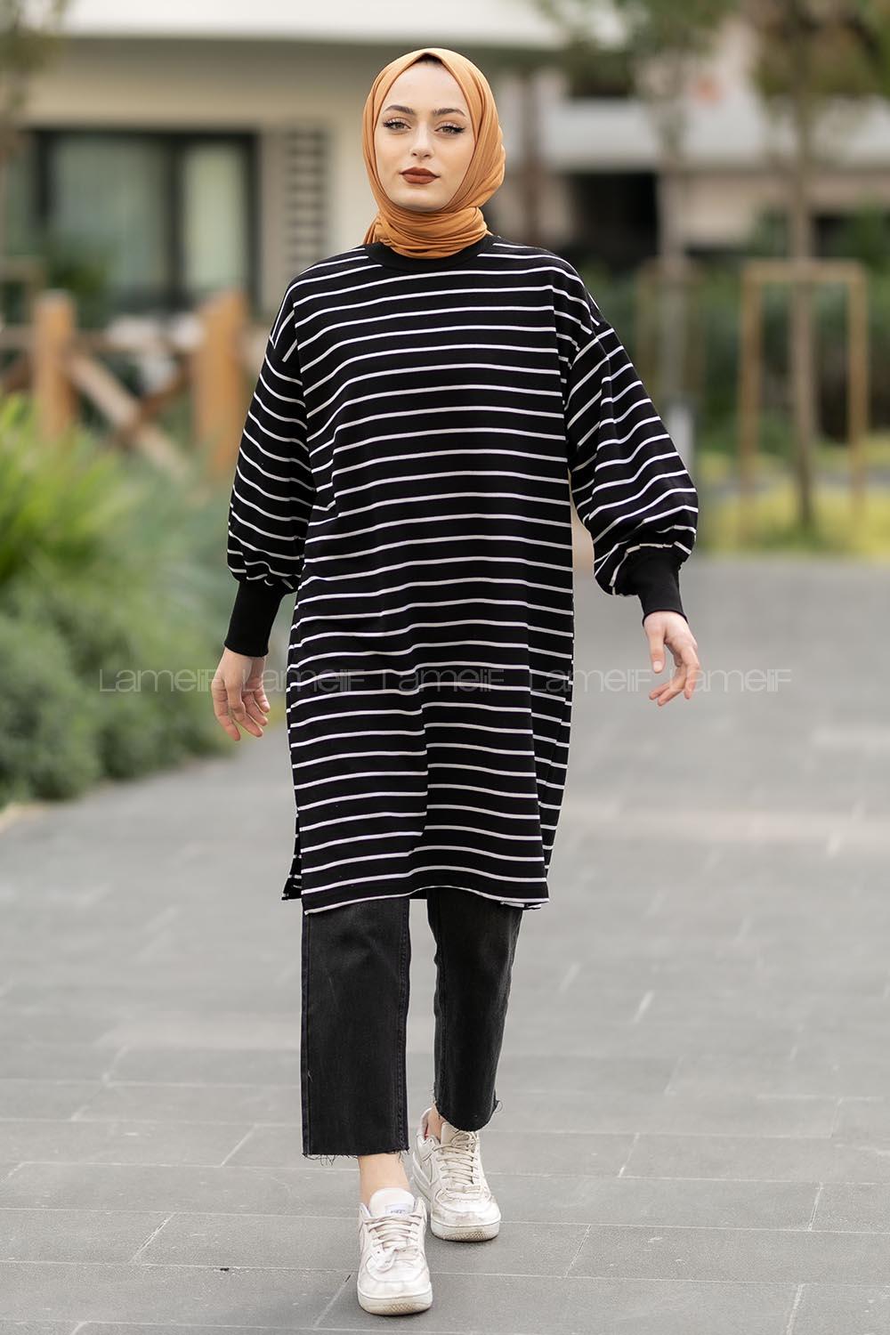 Modalamelif Balon Kol İnce  Çizgili Tunik Siyah