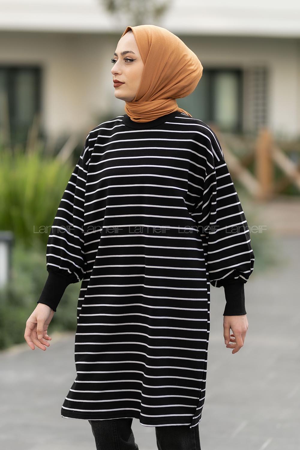 Modalamelif Balon Kol İnce  Çizgili Tunik Siyah