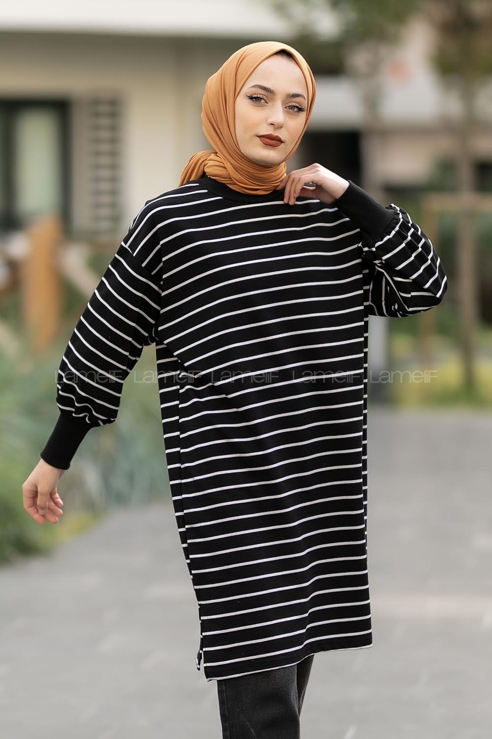 Modalamelif Balon Kol İnce  Çizgili Tunik Siyah