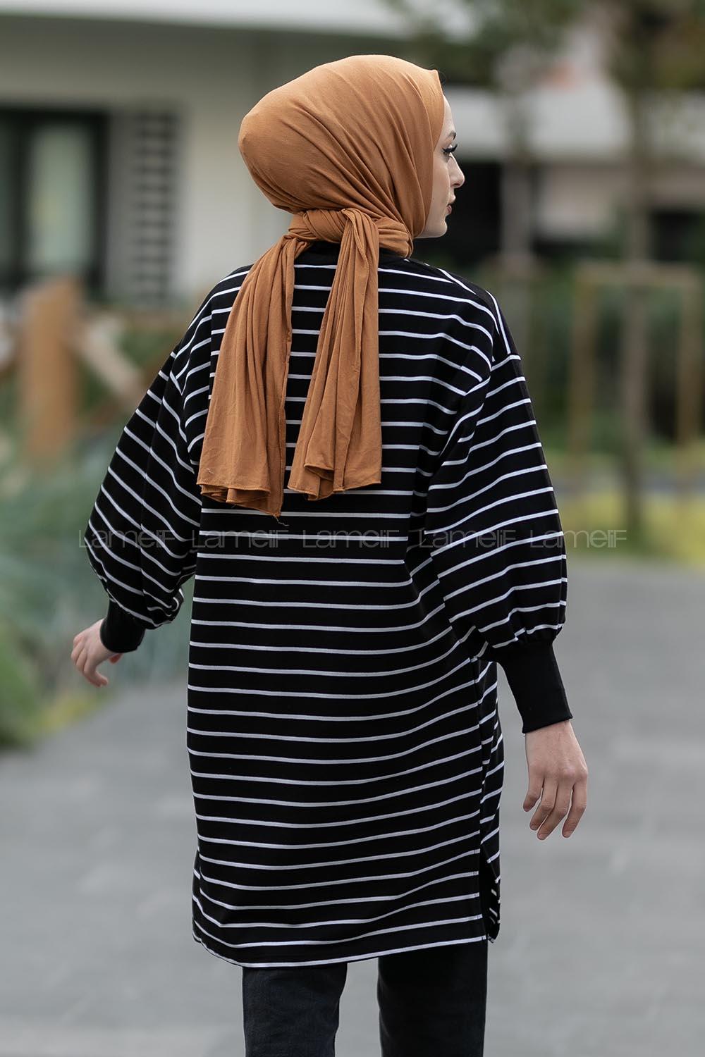 Modalamelif Balon Kol İnce  Çizgili Tunik Siyah