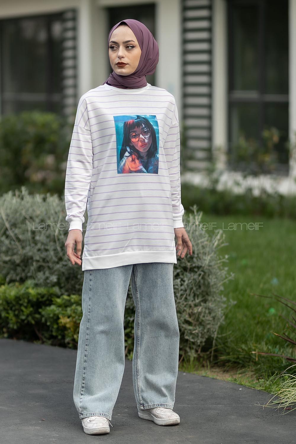 Modalamelif Bisiklet Yaka Çizgi Desenli Girl Baskılı Sweat Lila