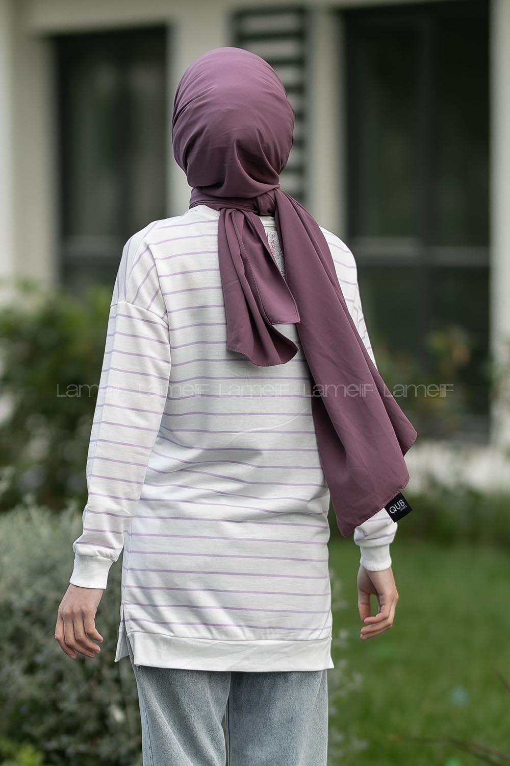 Modalamelif Bisiklet Yaka Çizgi Desenli Girl Baskılı Sweat Lila