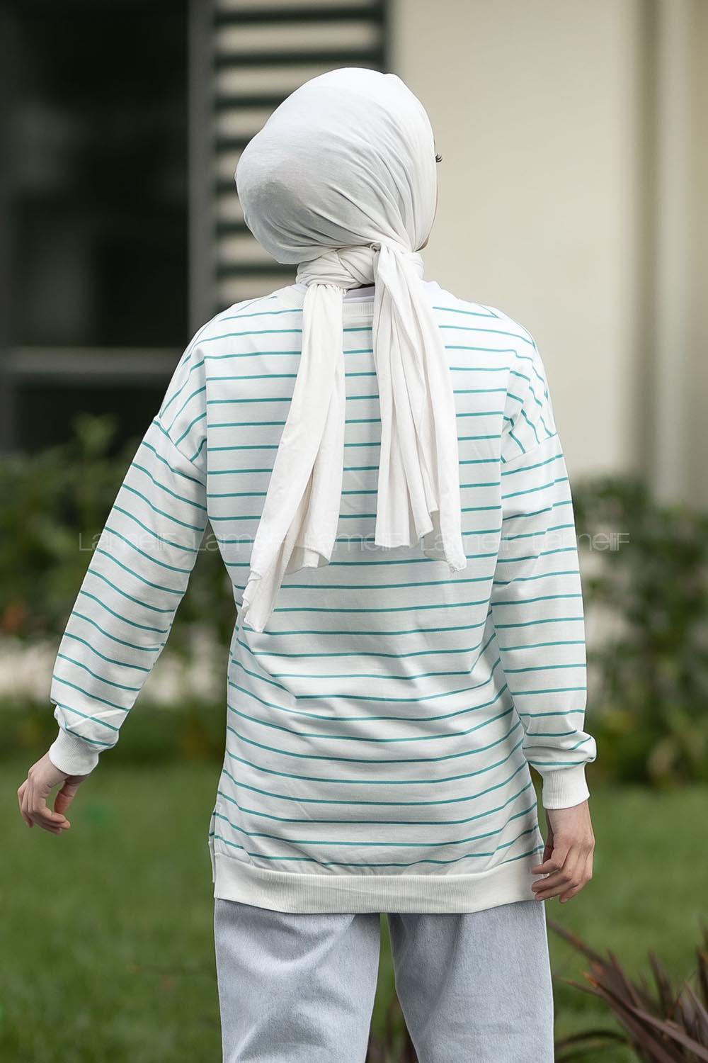 Modalamelif Bisiklet Yaka Çizgi Desenli Girl Baskılı Sweat Pastel Yeşil