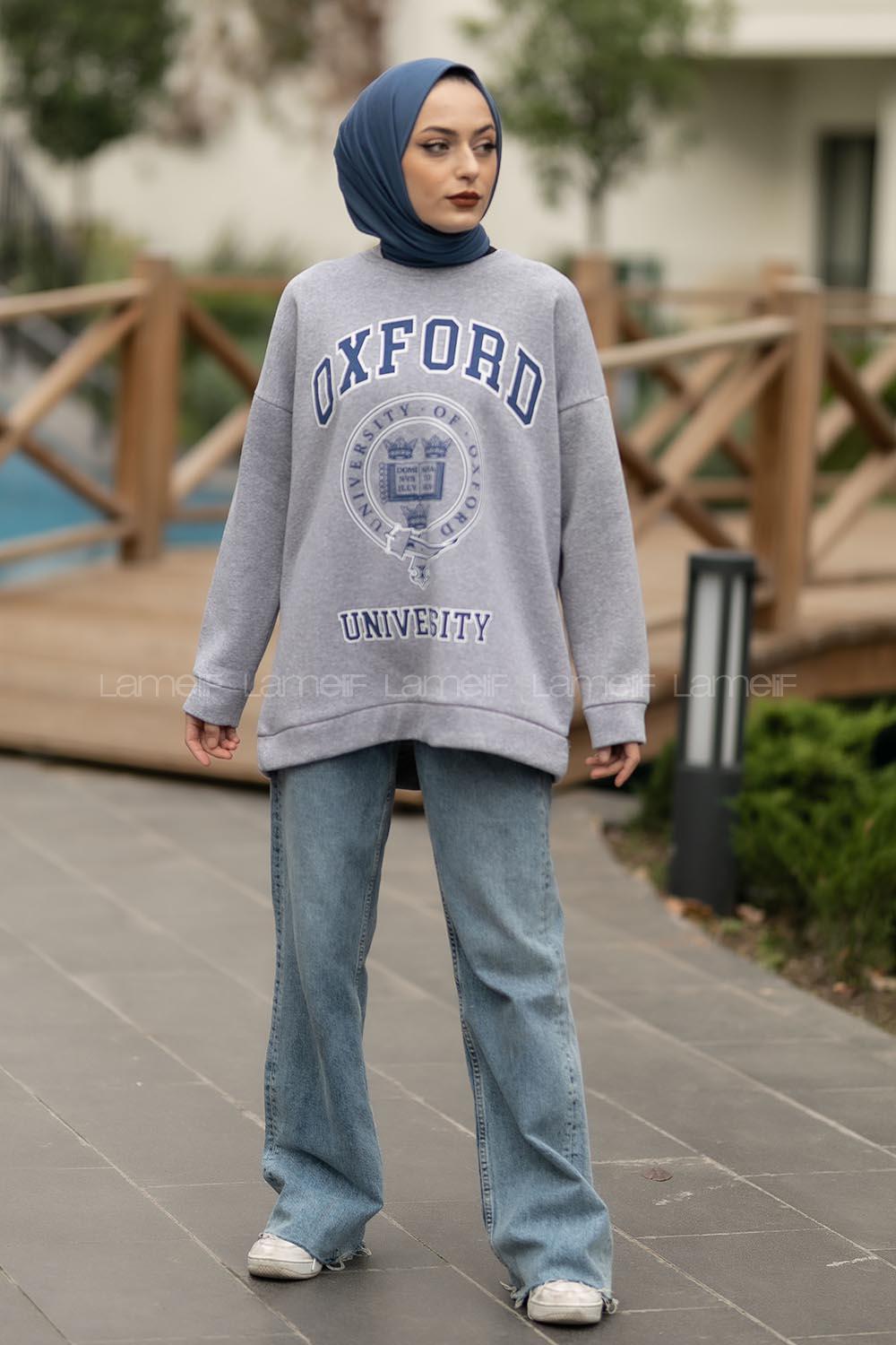 Modalamelif Bisiklet Yaka Oxford Yazı Baskı Detaylı Sweat Gri