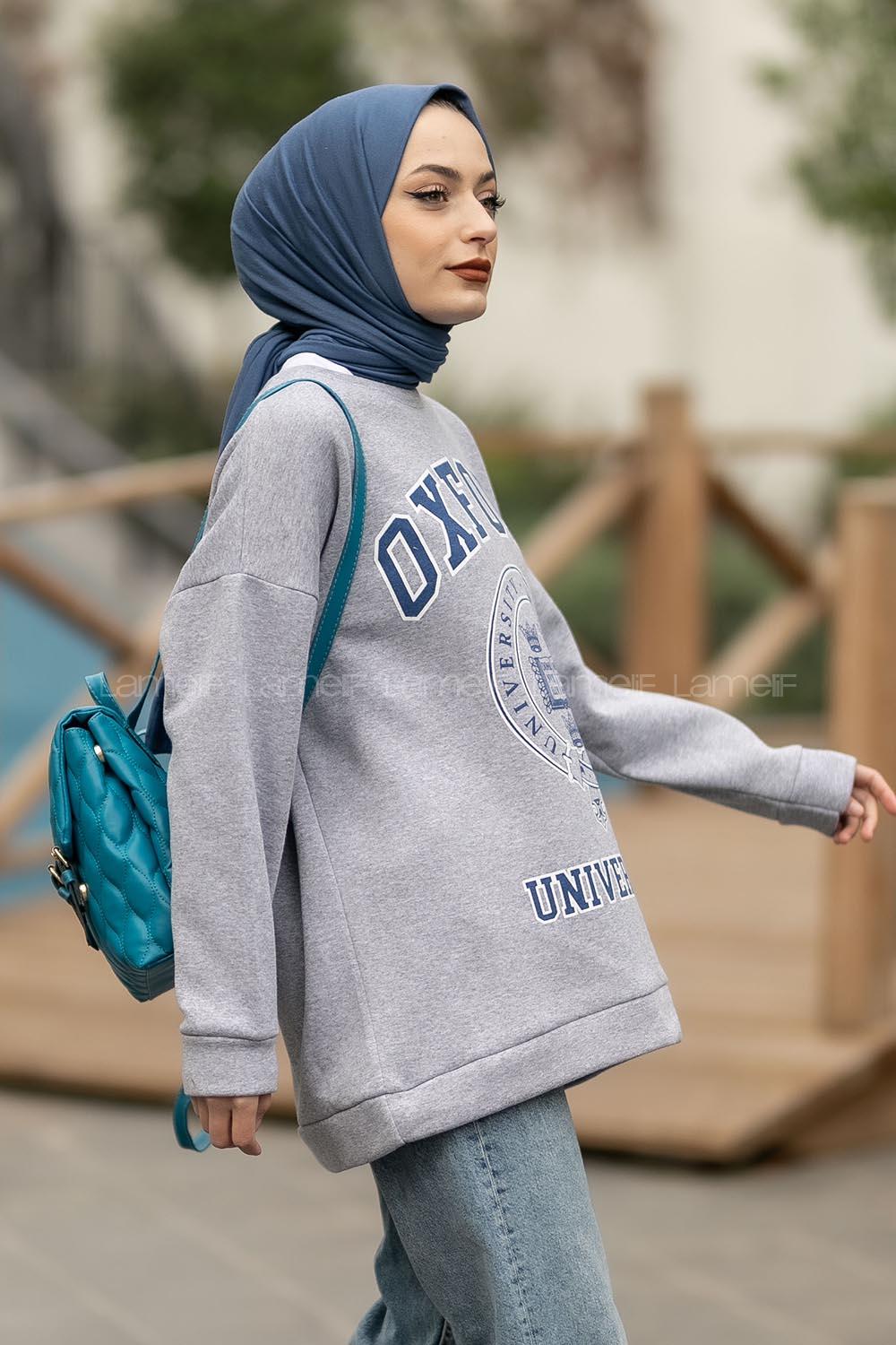 Modalamelif Bisiklet Yaka Oxford Yazı Baskı Detaylı Sweat Gri