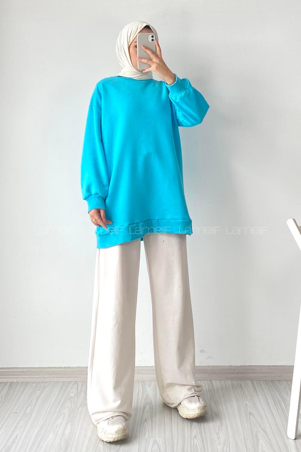 Modalamelif Bisiklet Yaka Salaş Arma Nakışlı Sweatshirt Turkuaz