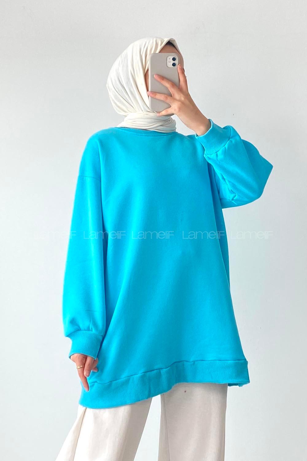 Modalamelif Bisiklet Yaka Salaş Arma Nakışlı Sweatshirt Turkuaz