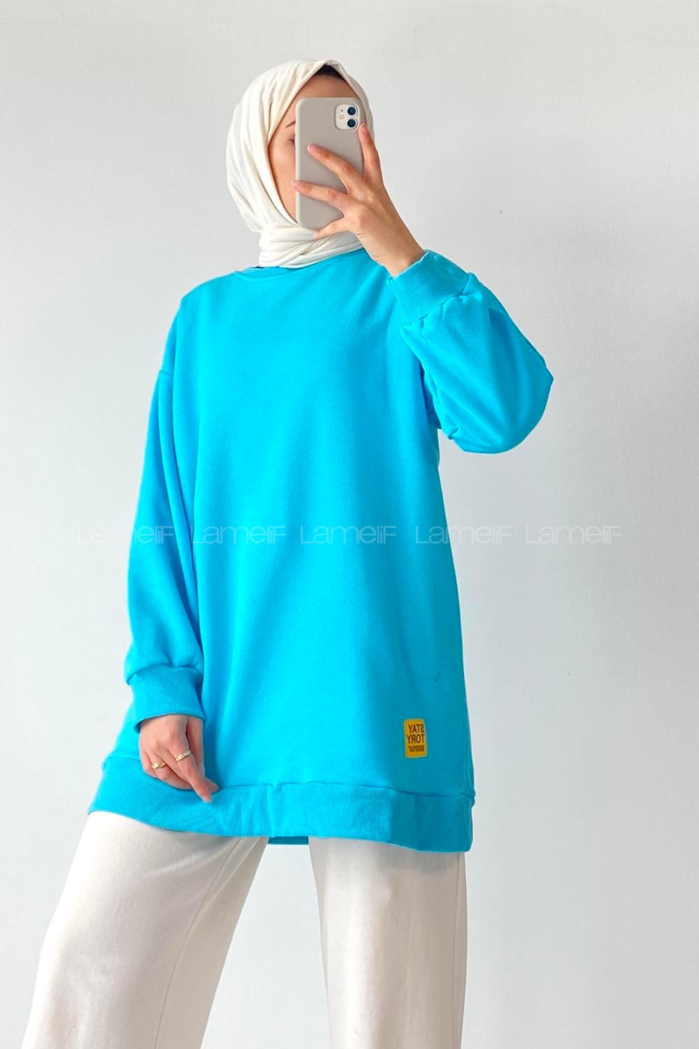 Modalamelif Bisiklet Yaka Salaş Arma Nakışlı Sweatshirt Turkuaz