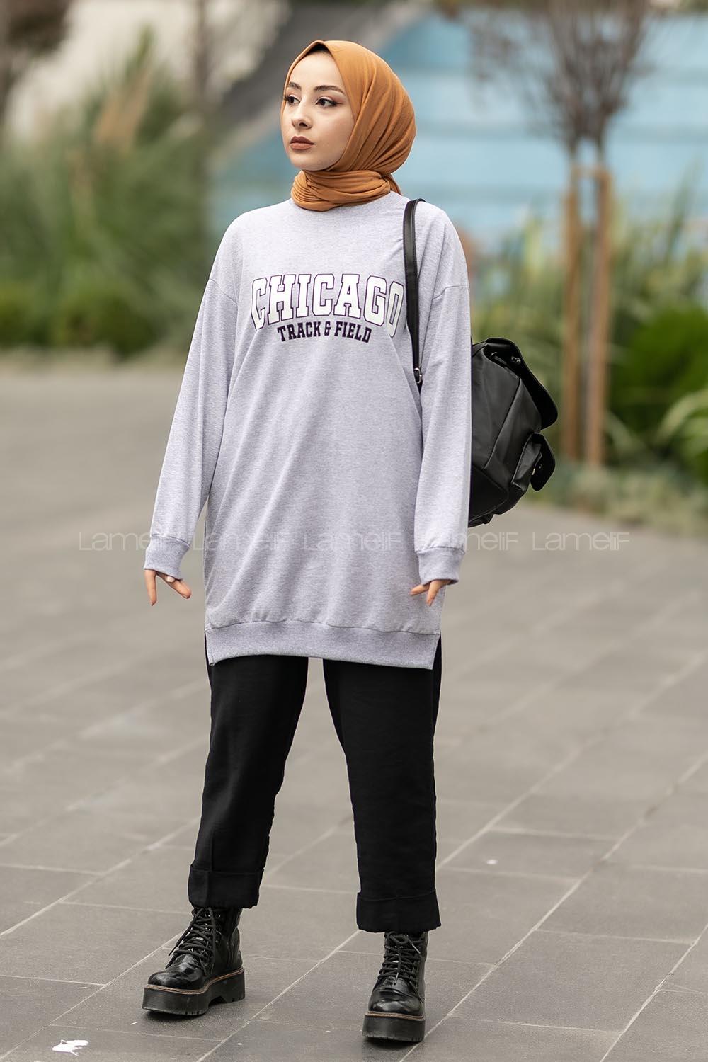 Modalamelif Chıcago Baskılı Yırtmaçlı Kol Lastikili Tunik Gri