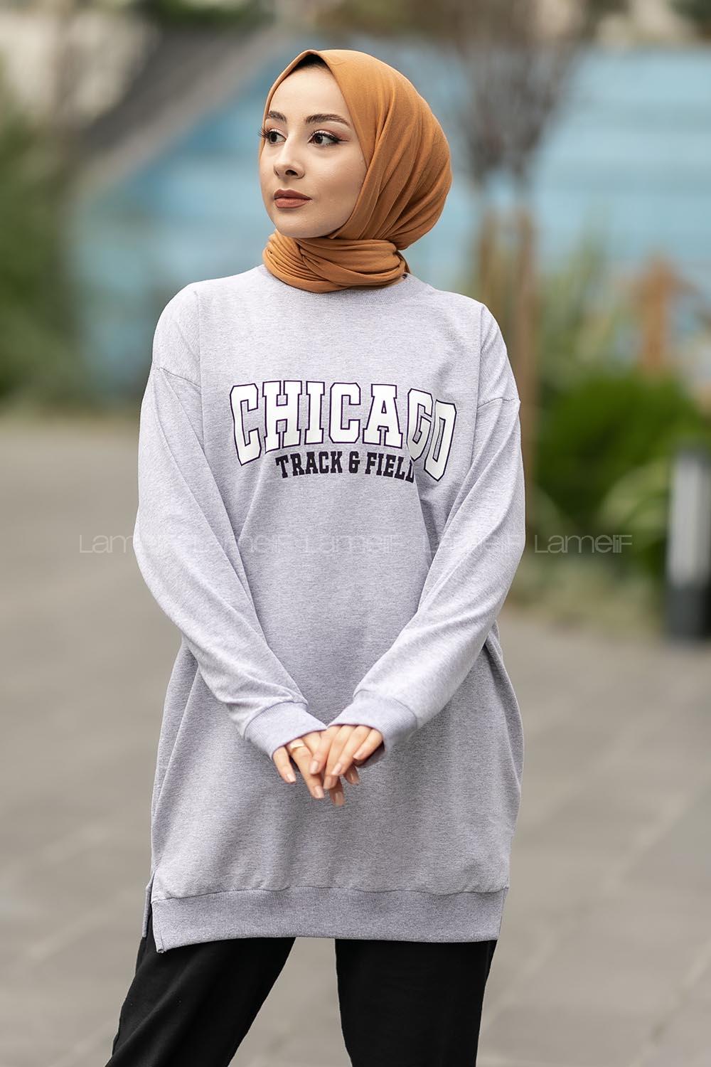 Modalamelif Chıcago Baskılı Yırtmaçlı Kol Lastikili Tunik Gri