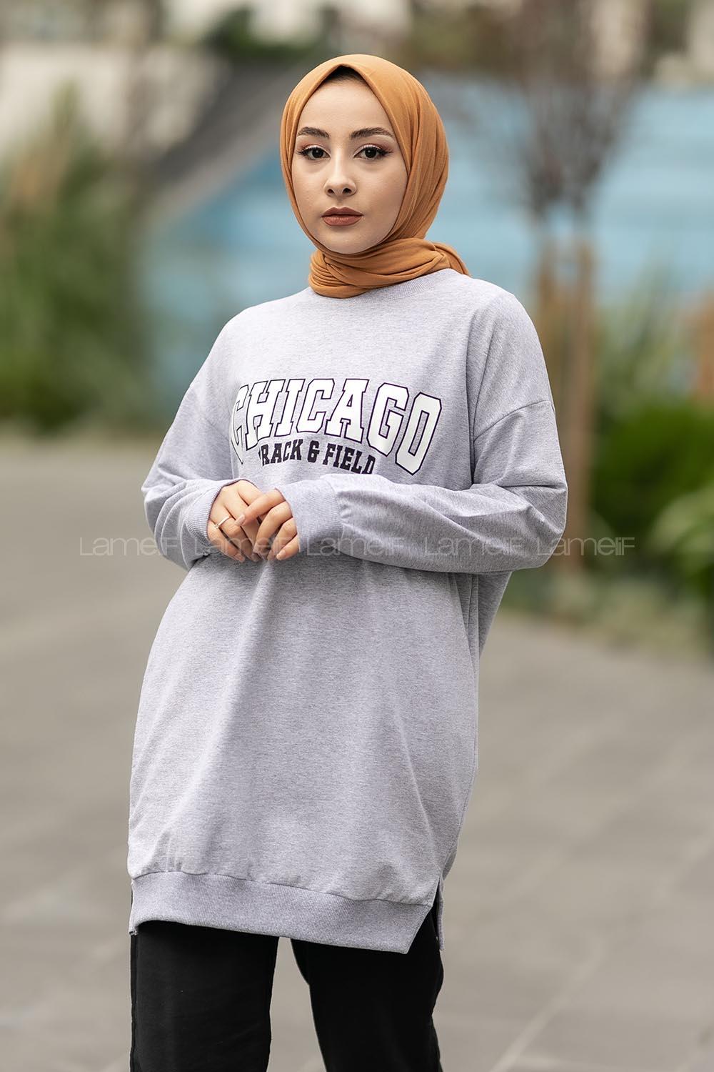 Modalamelif Chıcago Baskılı Yırtmaçlı Kol Lastikili Tunik Gri