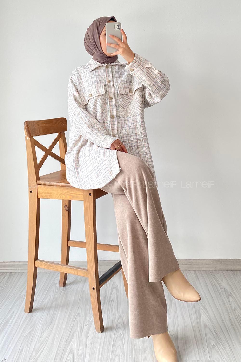 Modalamelif Çift Kapak Cepli Önü Boydan Düğmeli Dikiş İşlemeli Ceket Çokrenkli