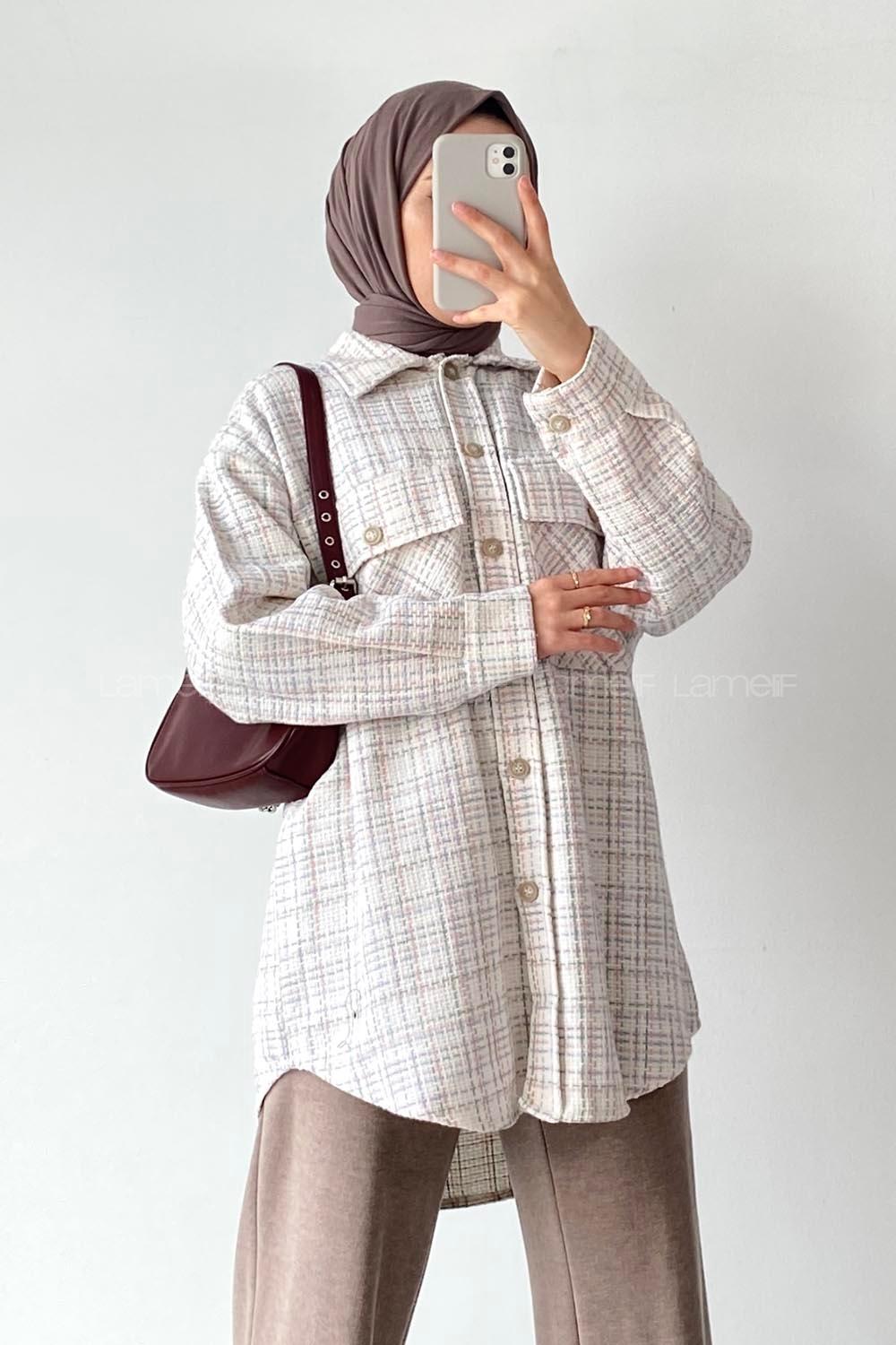 Modalamelif Çift Kapak Cepli Önü Boydan Düğmeli Dikiş İşlemeli Ceket Çokrenkli