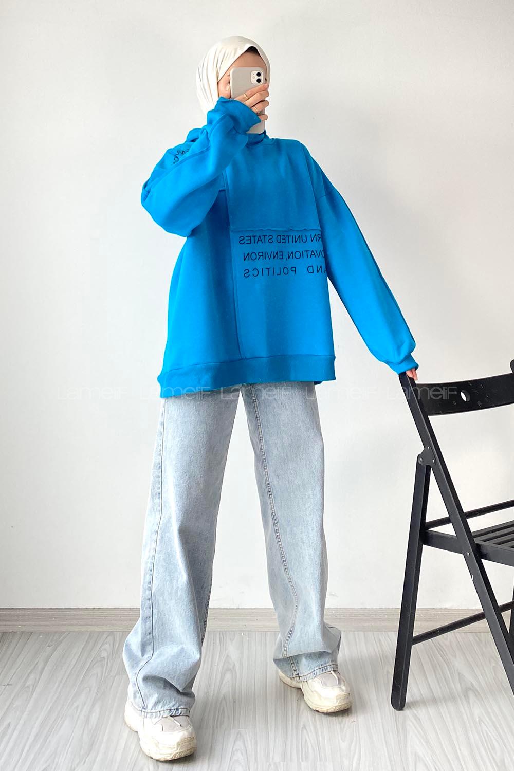 Modalamelif Dikişli Salaş Yazı Baskılı Sweatshırt Turkuaz