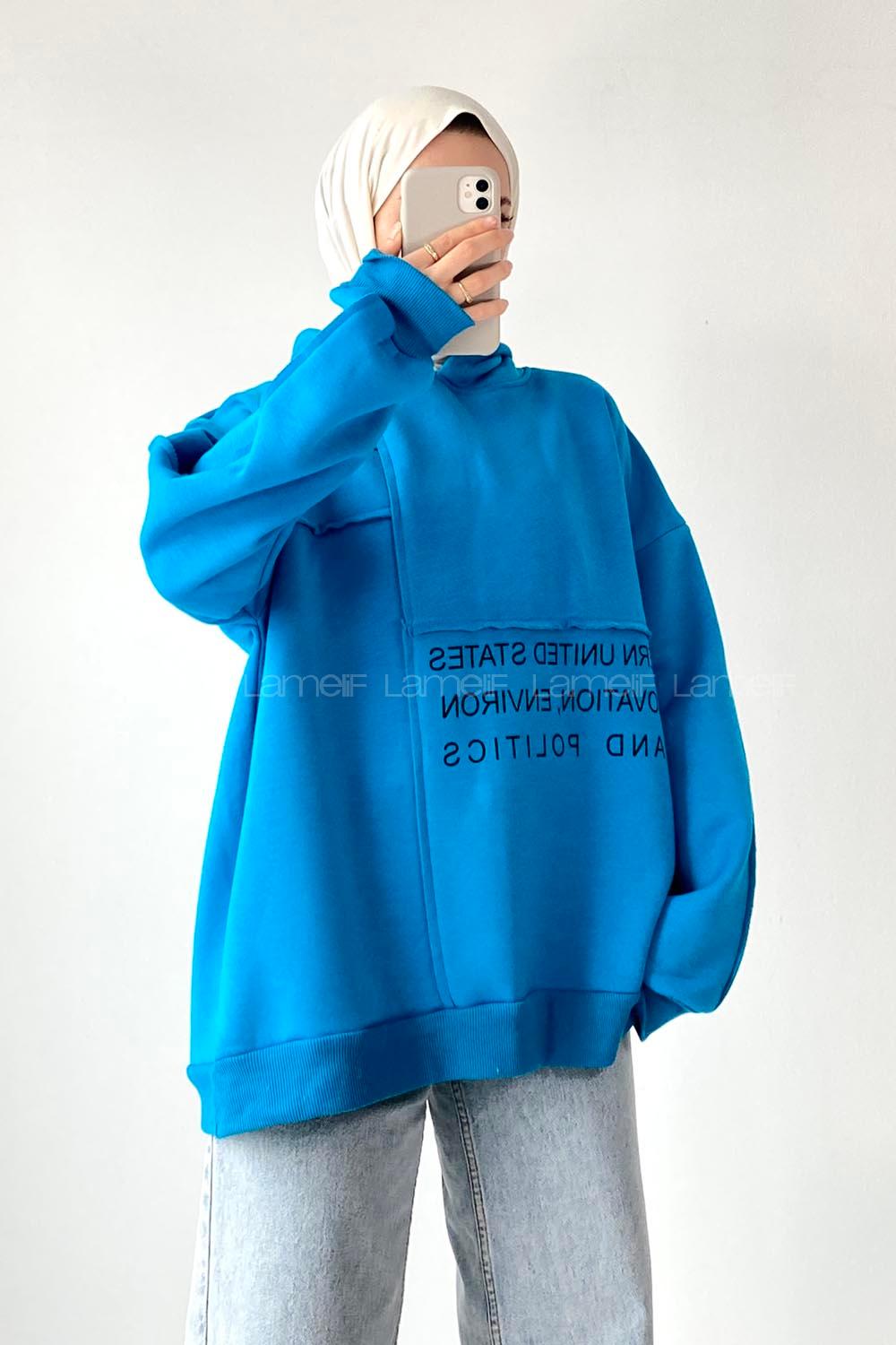 Modalamelif Dikişli Salaş Yazı Baskılı Sweatshırt Turkuaz