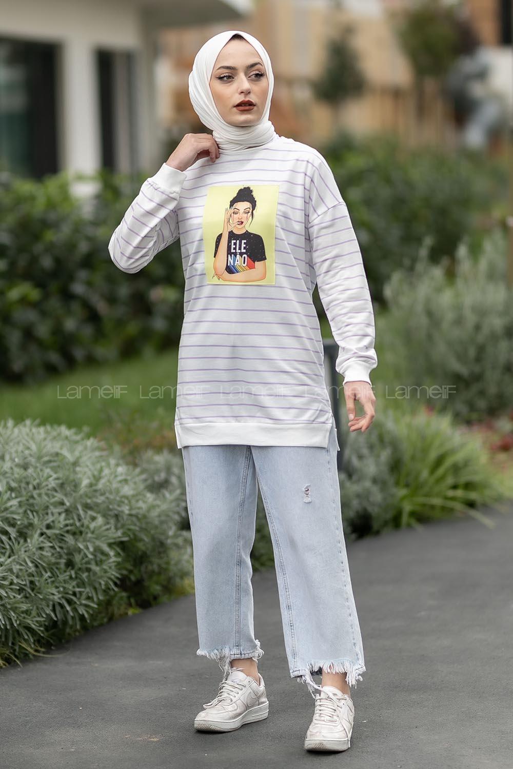 Modalamelif Ele Nao Girl Baskılı Çizgi Desenli Sweat Lila