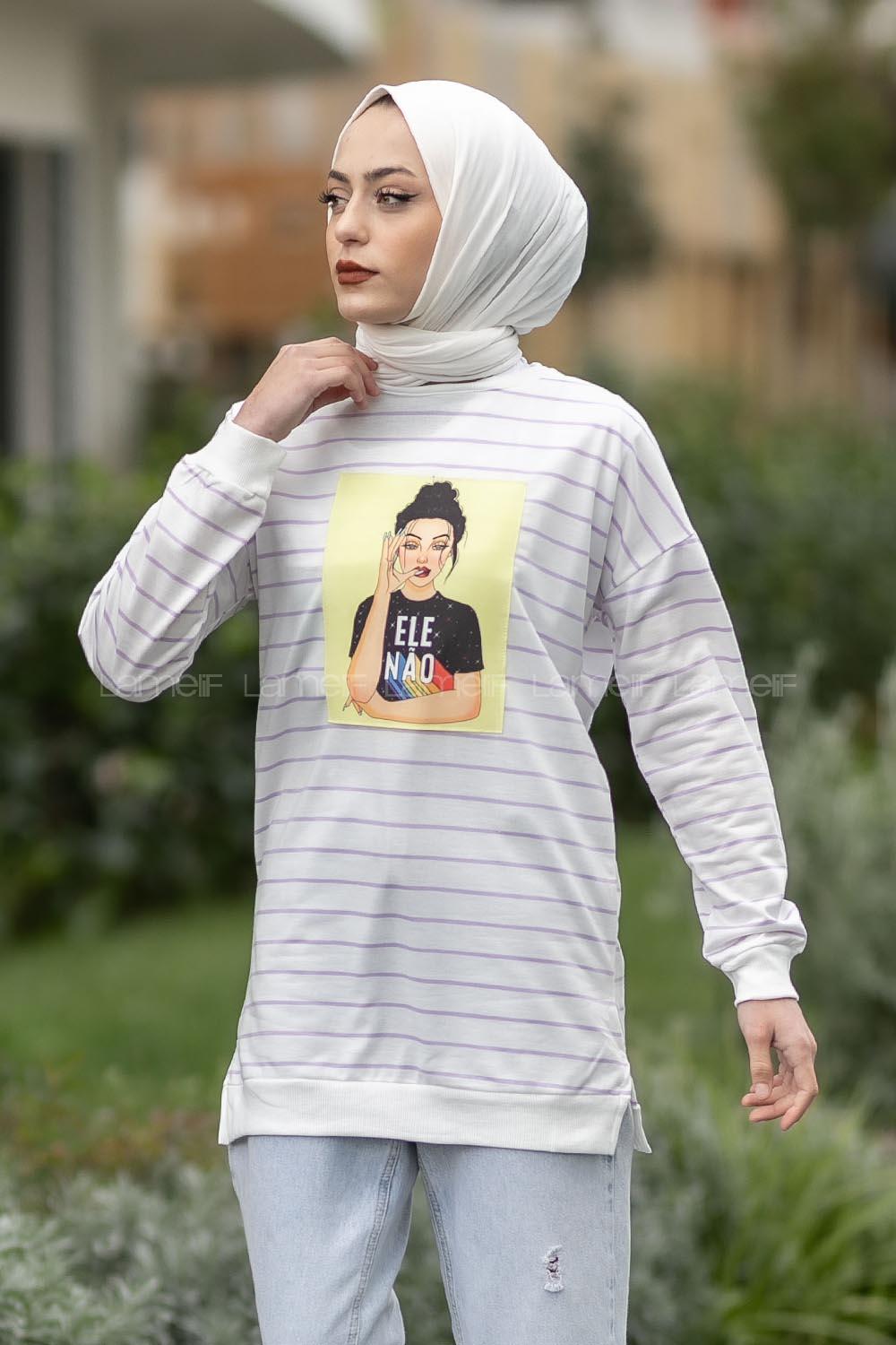 Modalamelif Ele Nao Girl Baskılı Çizgi Desenli Sweat Lila