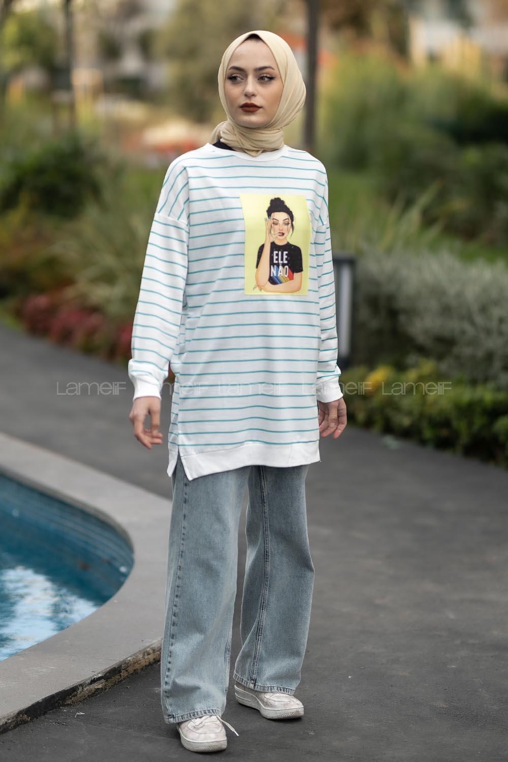 Modalamelif Ele Nao Girl Baskılı Çizgi Desenli Sweat Pastel Yeşili