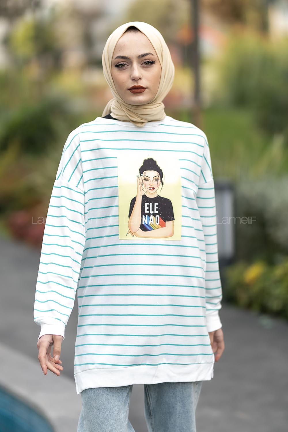 Modalamelif Ele Nao Girl Baskılı Çizgi Desenli Sweat Pastel Yeşili